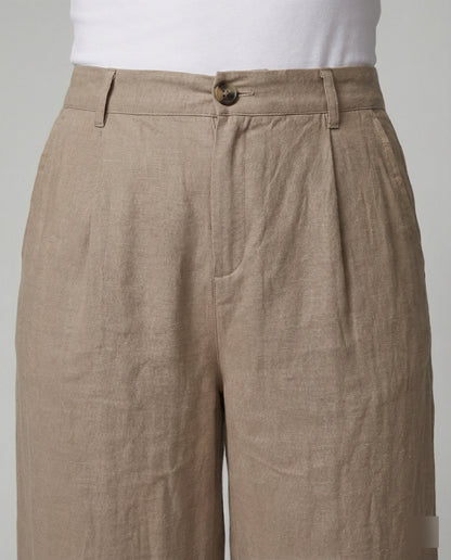 Damen Leinenhose Weite Bein mit Gummibund und Taschen