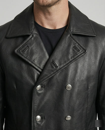 Ledermantel Herren Lang Knöpfe Elegant Schwarz