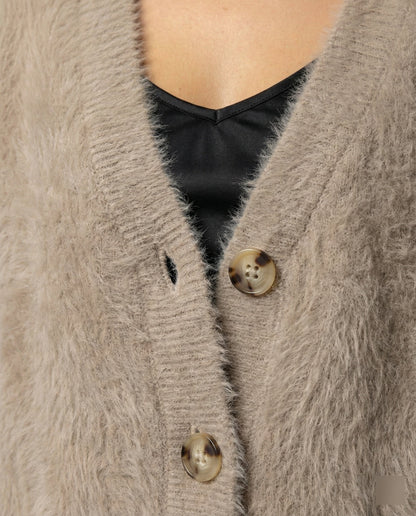Damen Strickjacke Flauschig V-Ausschnitt Große Knöpfe