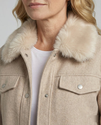 Damen Wolljacke Kunstfellkragen Warm Elegant