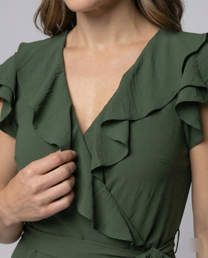 Damen Wickelkleid Rüschen Taillengürtel Modern