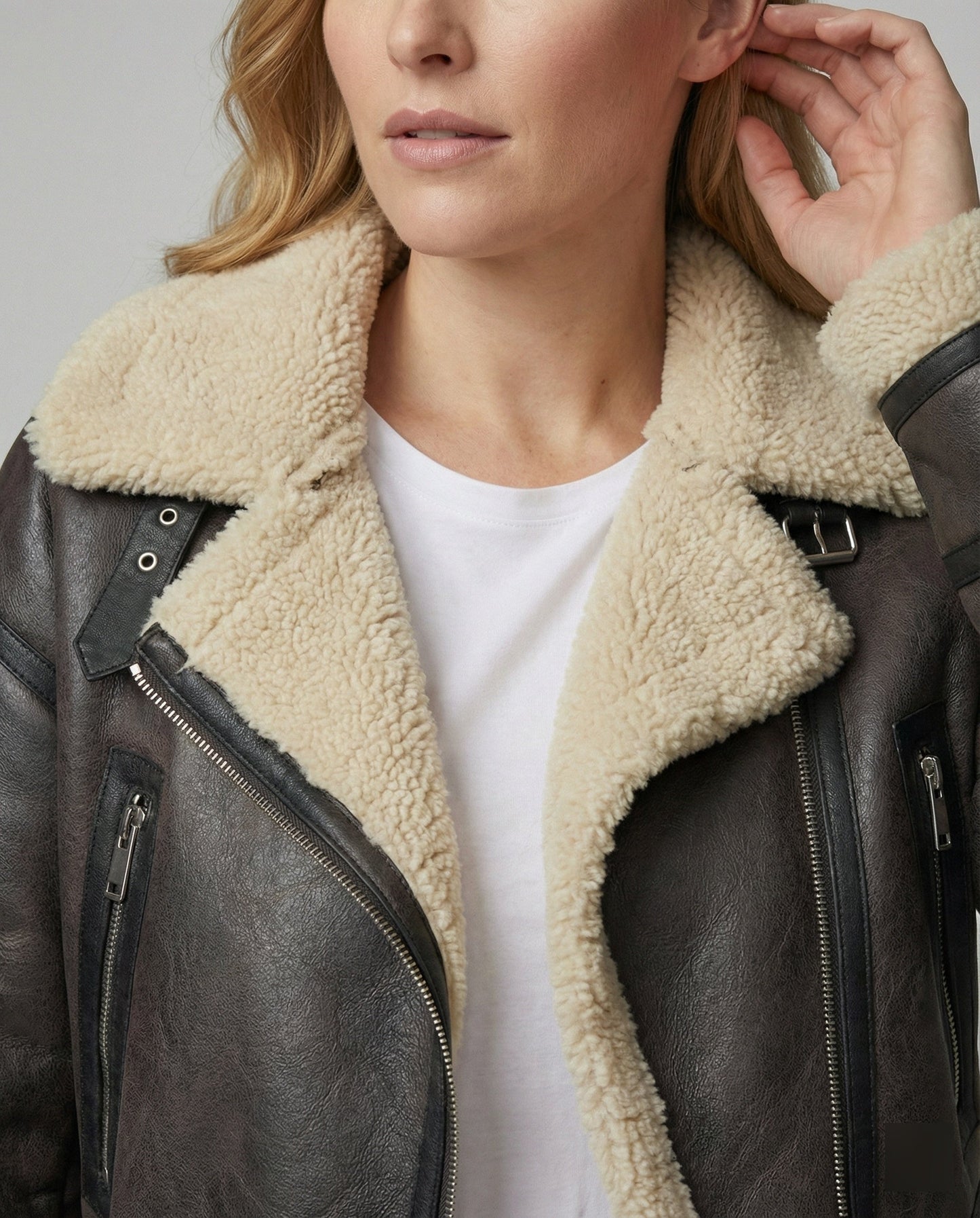 Lederjacke Damen Kunstleder Schwarz mit Fellkragen
