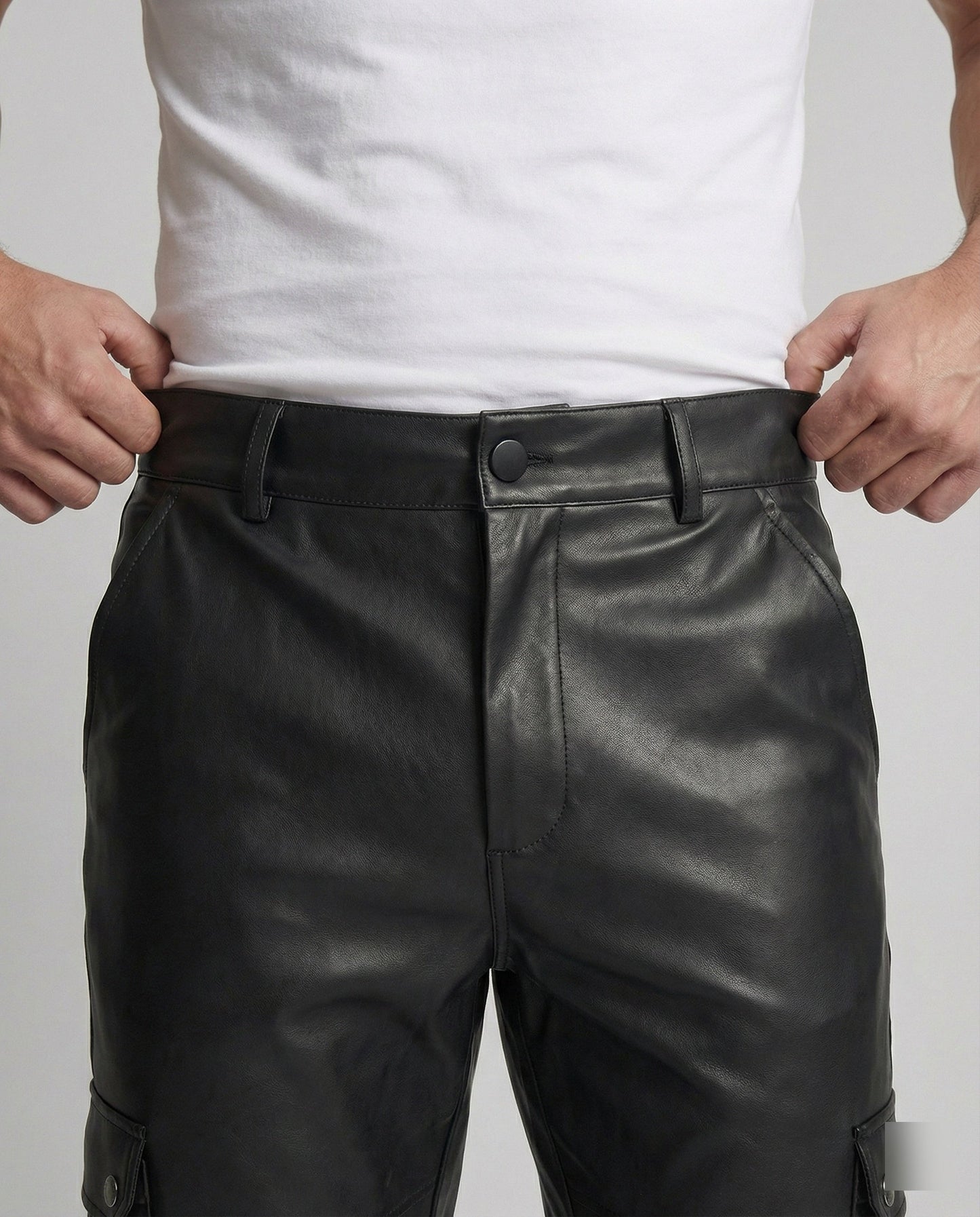 Herren Cargo-Hose Kunstleder Bequem Mit Taschen