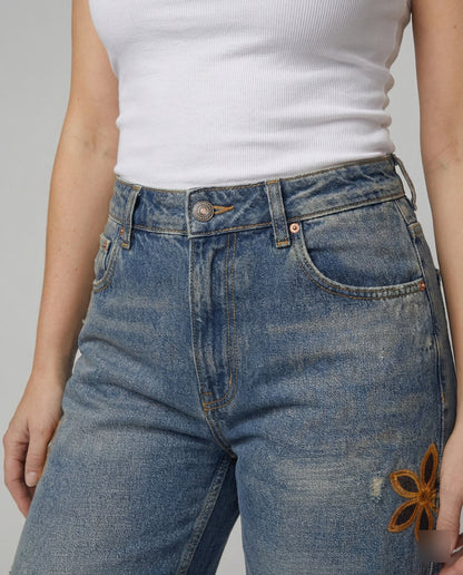 Weite Damen Jeans Blumenmuster Bunt