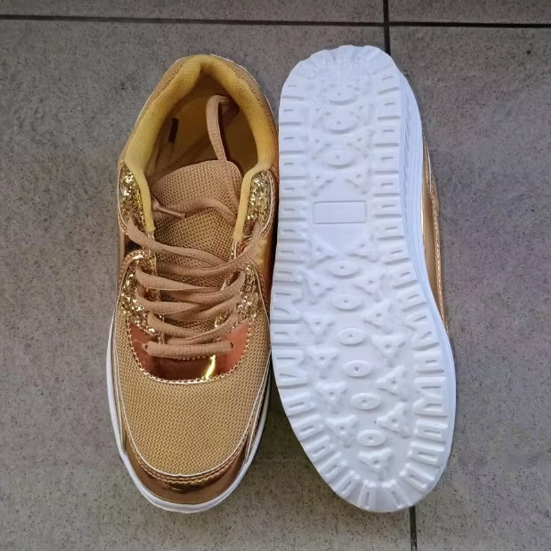 Damen Sneaker Gold Plattform Schnürsenkel Schuhe - BerlinGlamour