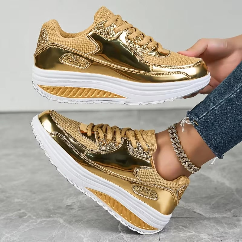 Damen Sneaker Gold Plattform Schnürsenkel Schuhe