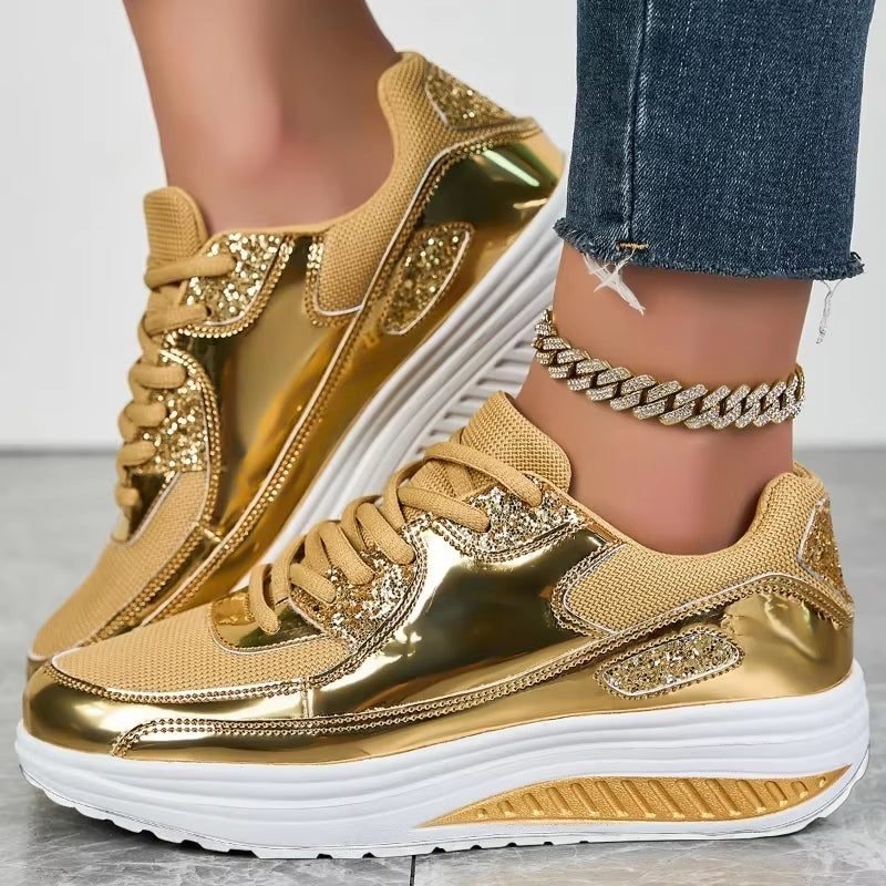 Damen Sneaker Gold Plattform Schnürsenkel Schuhe