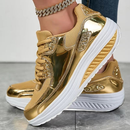 Damen Sneaker Gold Plattform Schnürsenkel Schuhe