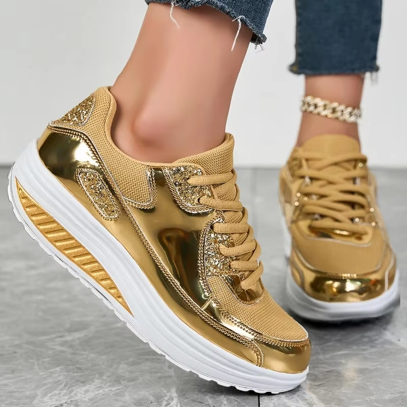 Damen Sneaker Gold Plattform Schnürsenkel Schuhe
