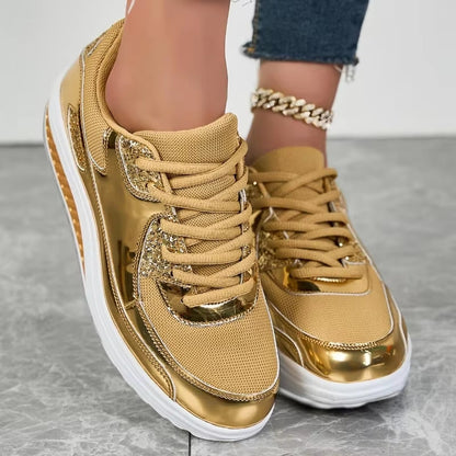 Damen Sneaker Gold Plattform Schnürsenkel Schuhe