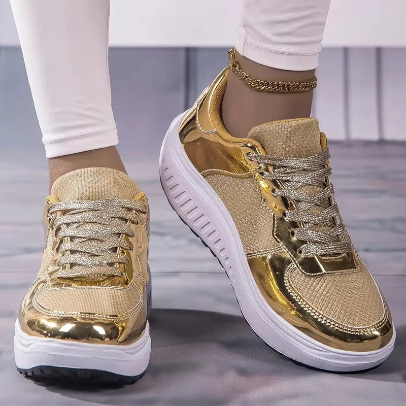 Damen Sneaker Gold Plattform Schnürsenkel Schuhe