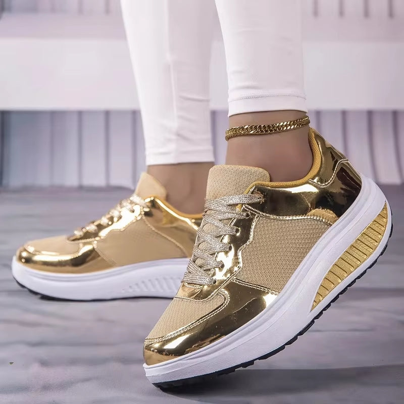 Damen Sneaker Gold Plattform Schnürsenkel Schuhe