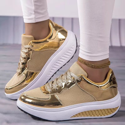 Damen Sneaker Gold Plattform Schnürsenkel Schuhe