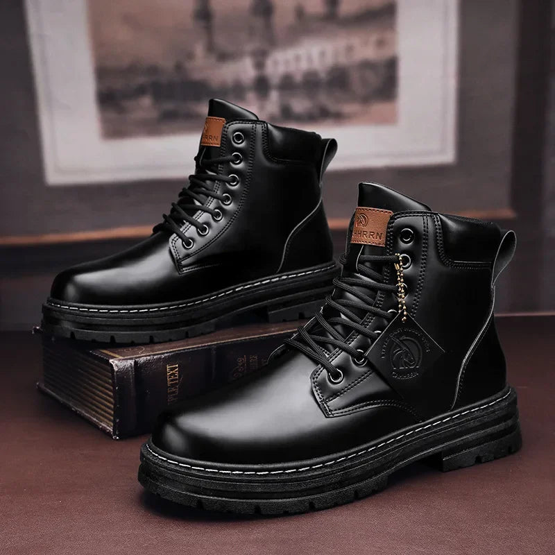 Herren Stiefel High Top Lederschuhe Schwarz