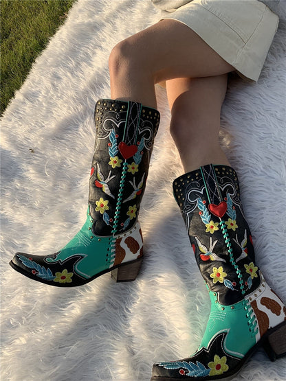 Damen Stiefel Bestickt Cowboy Blumenmuster Elegant