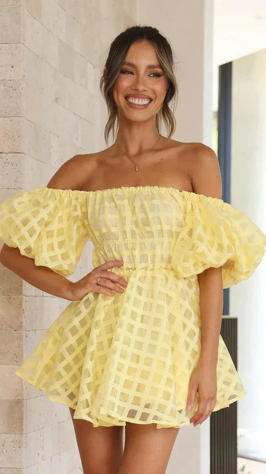 Gelbes Minikleid Schulterfrei Puffärmel Sommerkleid - BerlinGlamour