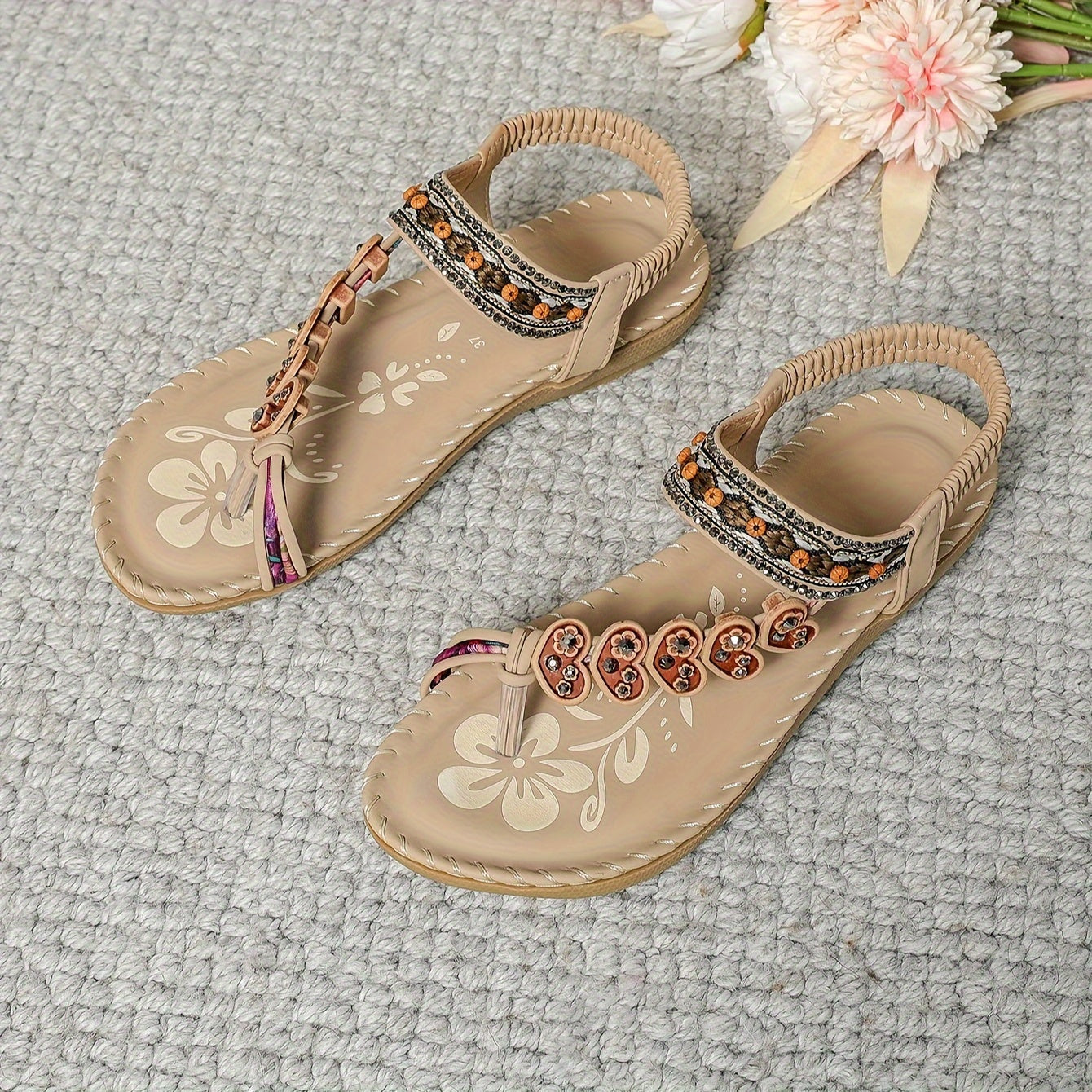 Damen Flache Schuhe Sommer Blumen Riemen Sandalen