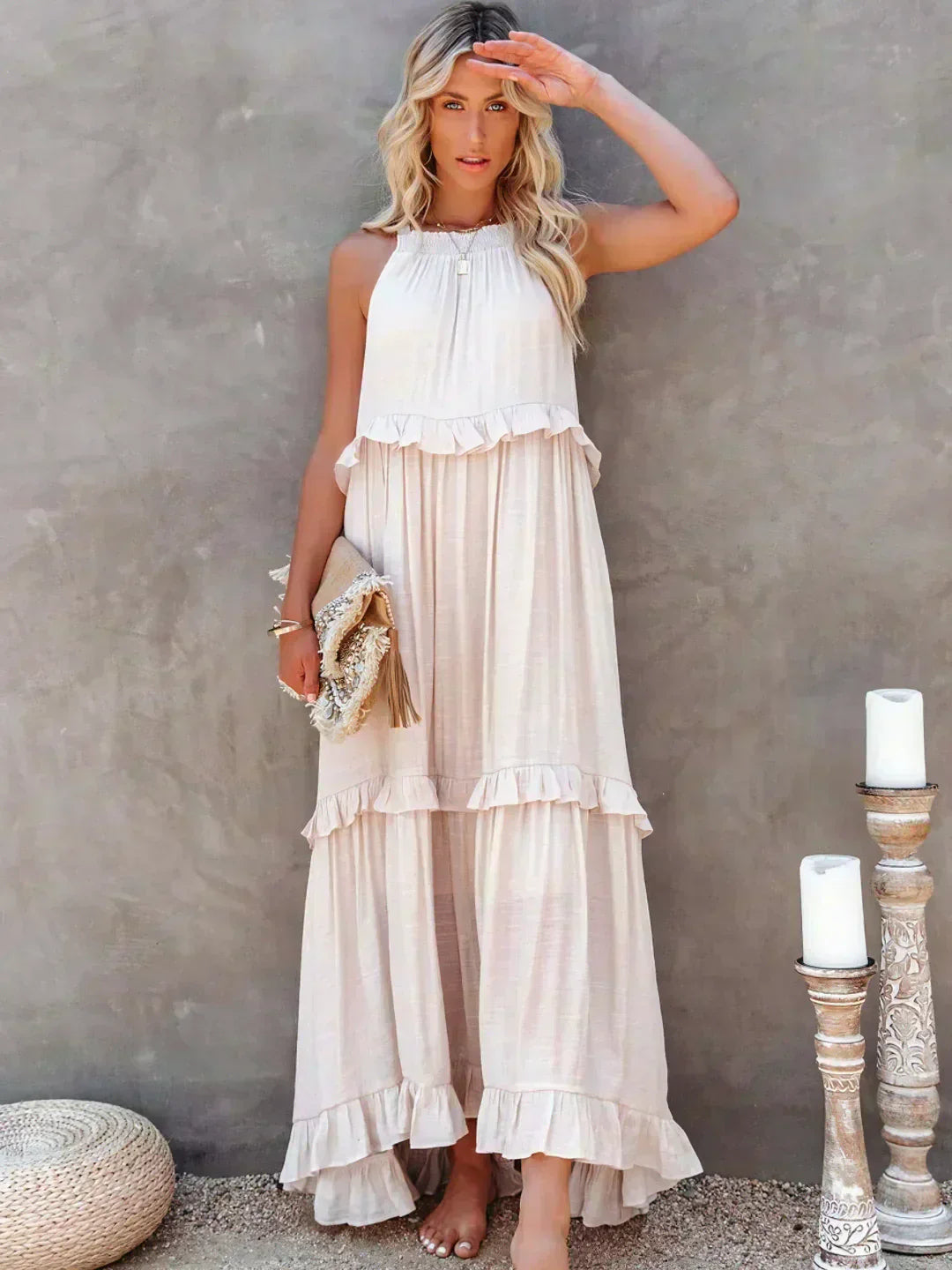Sommer Maxikleid mit Volants Neckholder Damenkleid - BerlinGlamour
