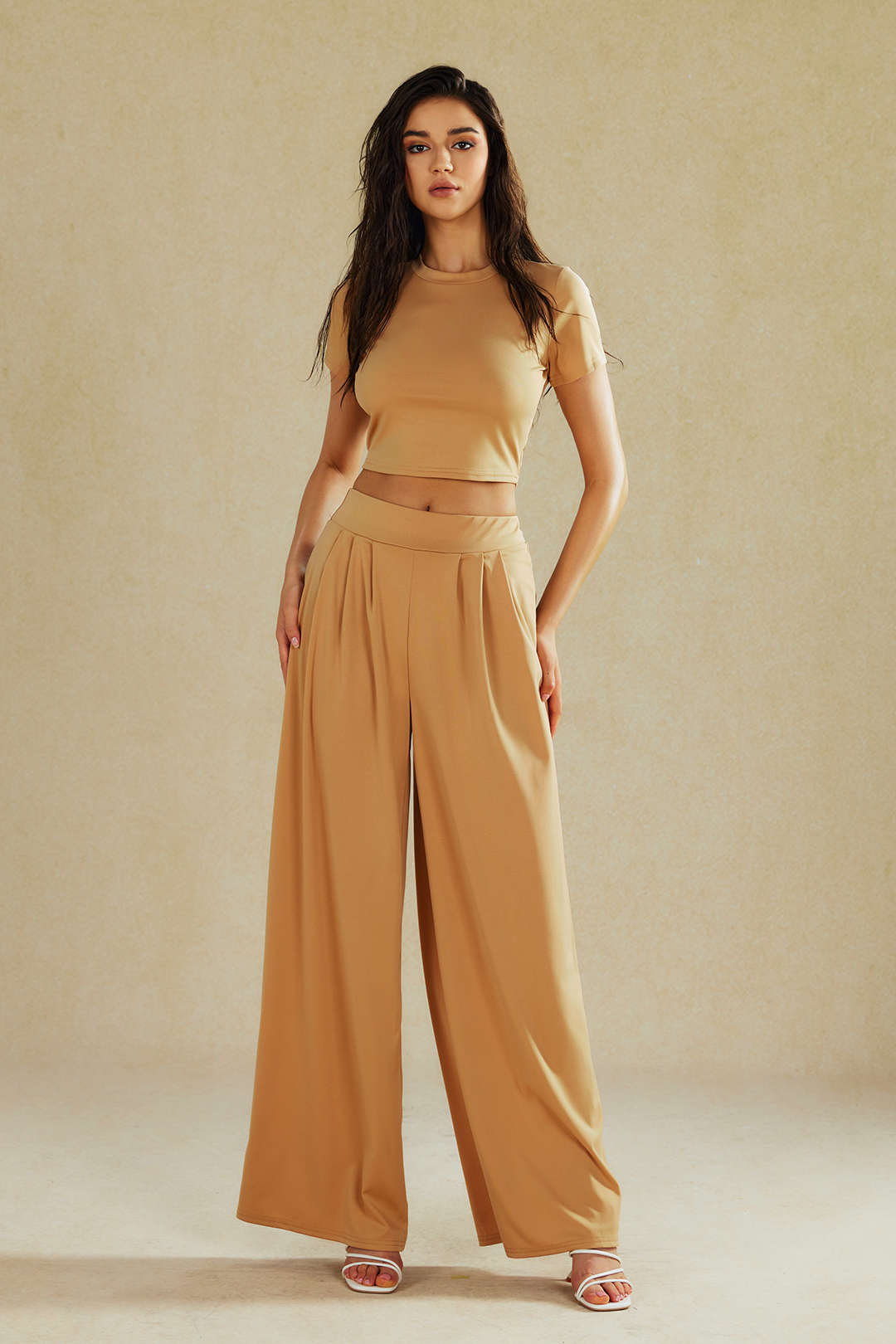 Elegantes Frauen Zweiteiler Set Crop Top Palazzo Hose