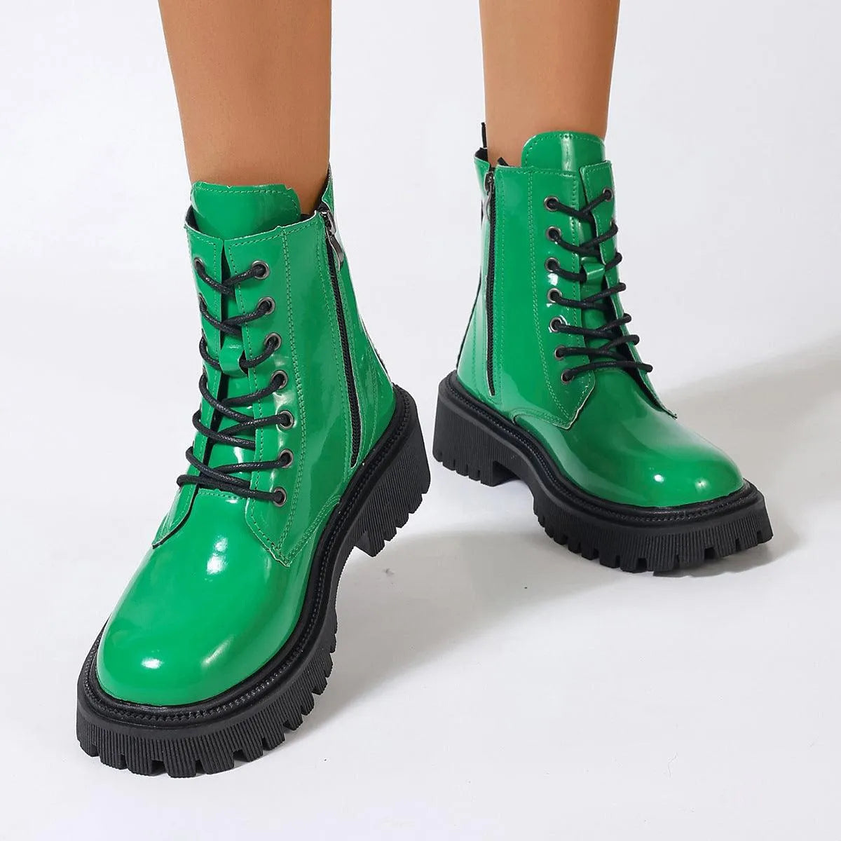 Damenstiefel Glänzendes Leder Reißverschluss Schwarz - BerlinGlamour