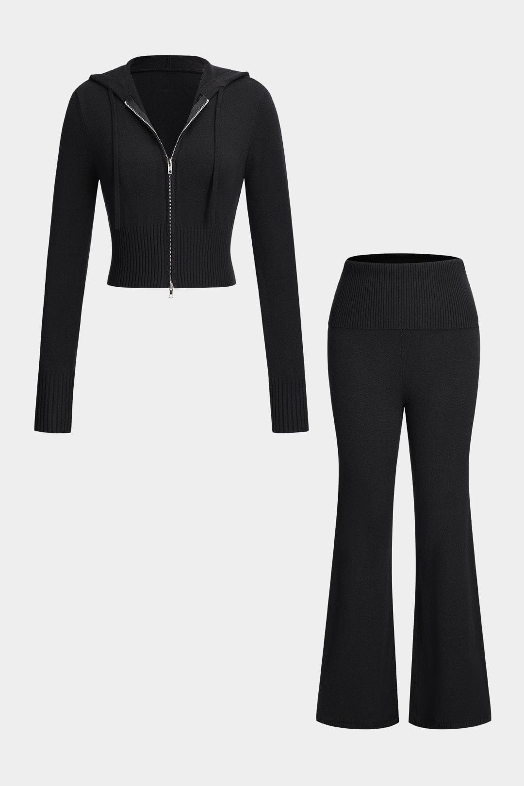 Strick-Zweiteiler mit Kapuzenjacke und Schlaghose Damen - BerlinGlamour