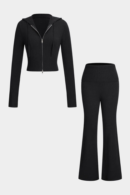 Strick-Zweiteiler mit Kapuzenjacke und Schlaghose Damen - BerlinGlamour