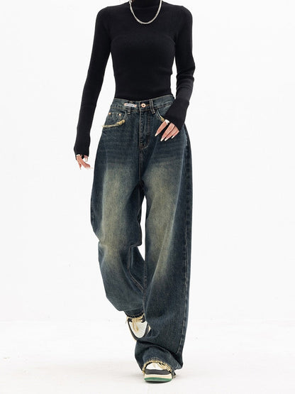 Weite Damen Jeans aus Gewaschenem Denim Relaxed Fit
