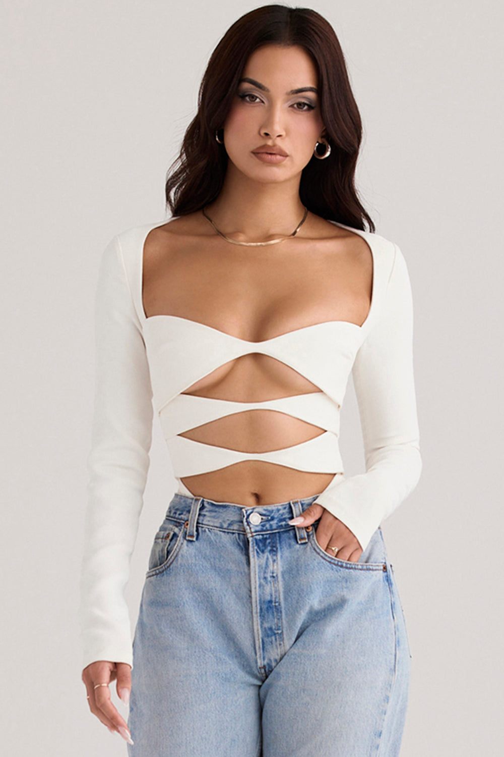 Weißes Croptop Langarm Frauen Oberteil Modern - BerlinGlamour