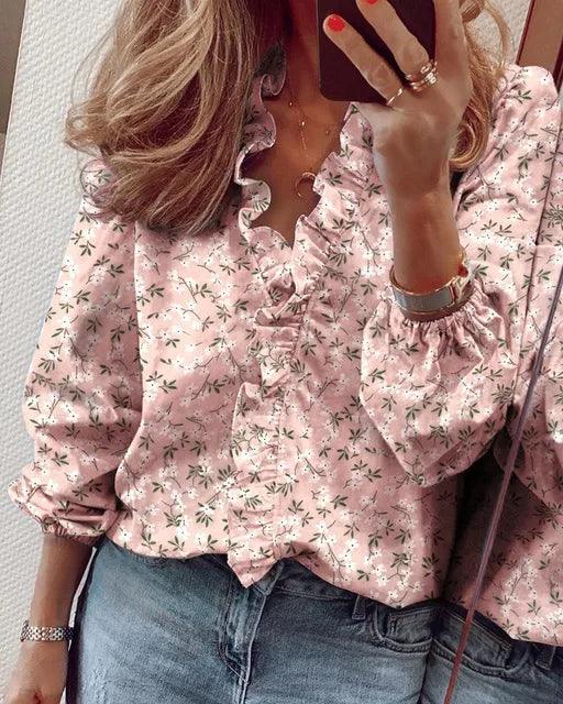 Damen Bluse Rüschen V-Ausschnitt Elegante Bluse