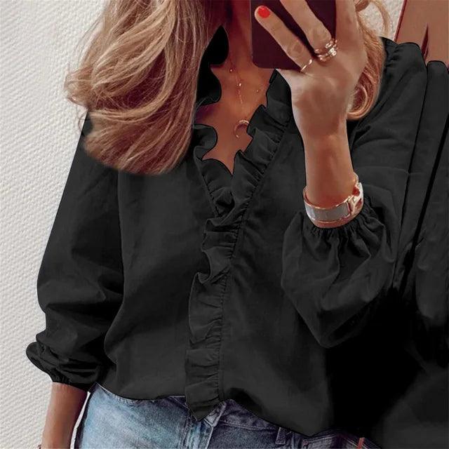Damen Bluse Rüschen V-Ausschnitt Elegante Bluse