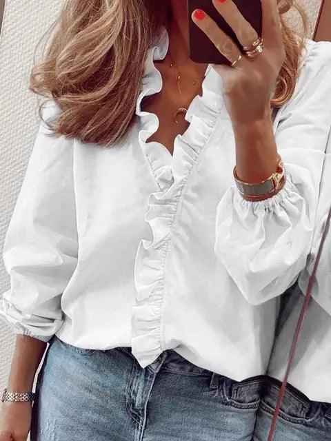 Damen Bluse Rüschen V-Ausschnitt Elegante Bluse