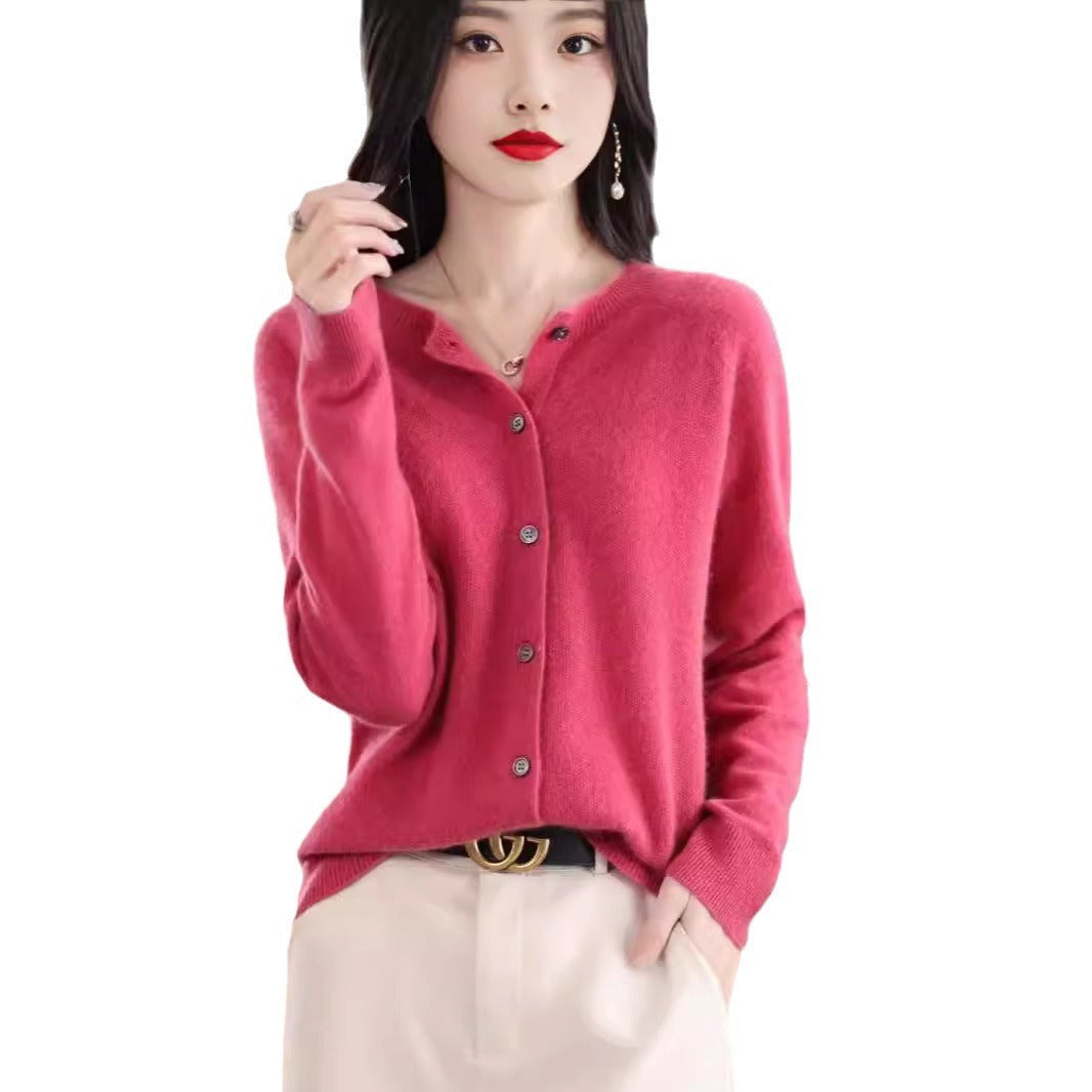 Damen Strickjacke Merino Wolle Rundhals Langärmlig