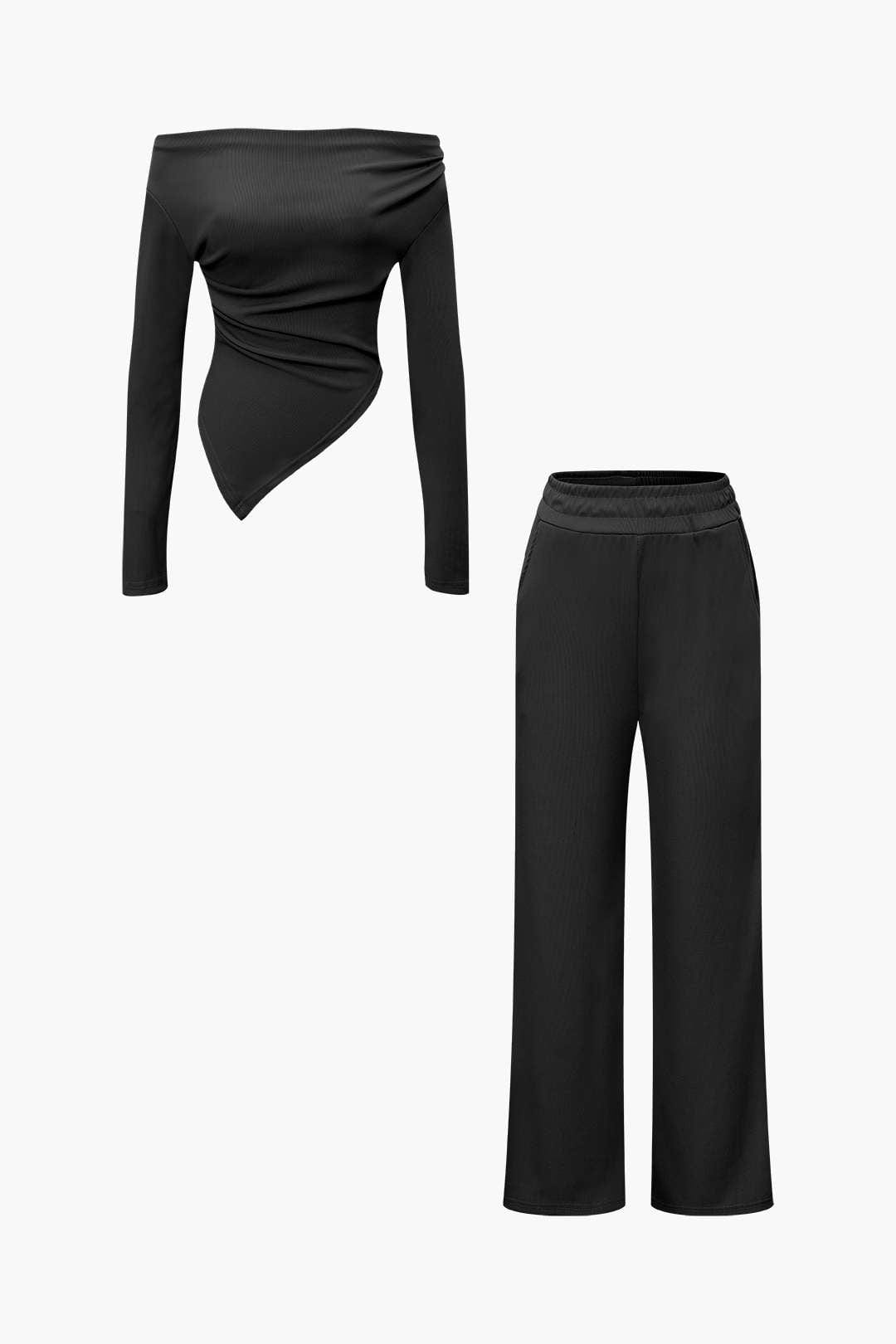 Elegantes Damen Zweiteiler Set Asymmetrisch mit Weiten Hosen