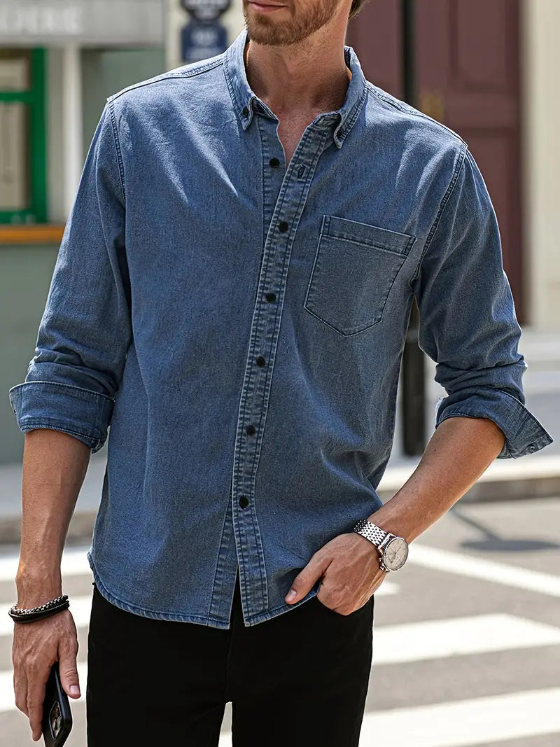 Herren Hemd Denim Blau Langarm Klassisch