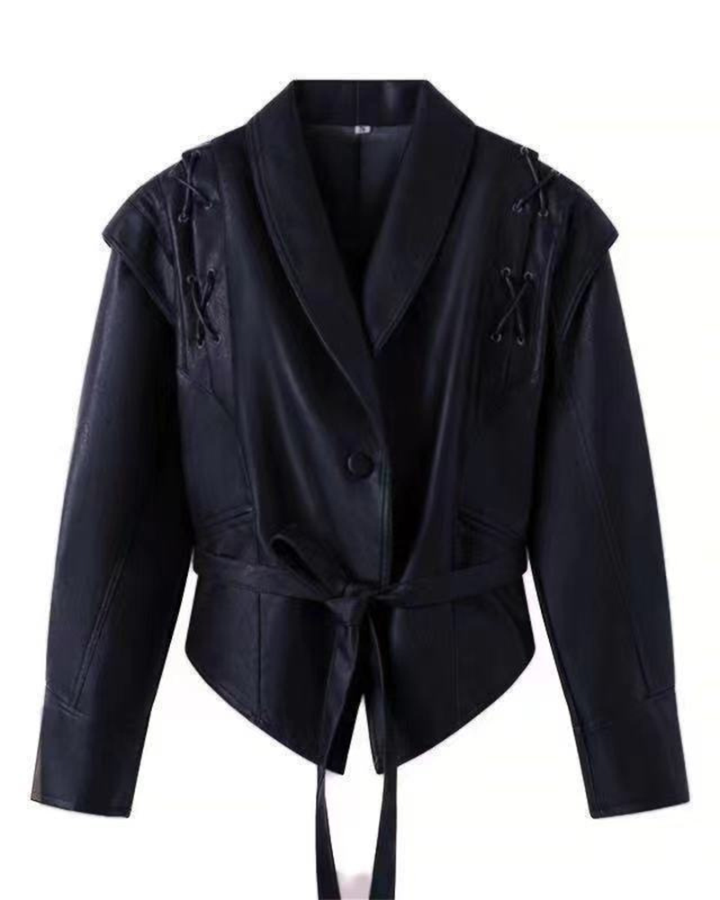 Lederjacke Lange Ärmel Schwarz Ledermantel Damen
