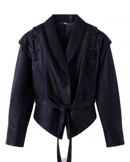 Lederjacke Lange Ärmel Schwarz Ledermantel Damen