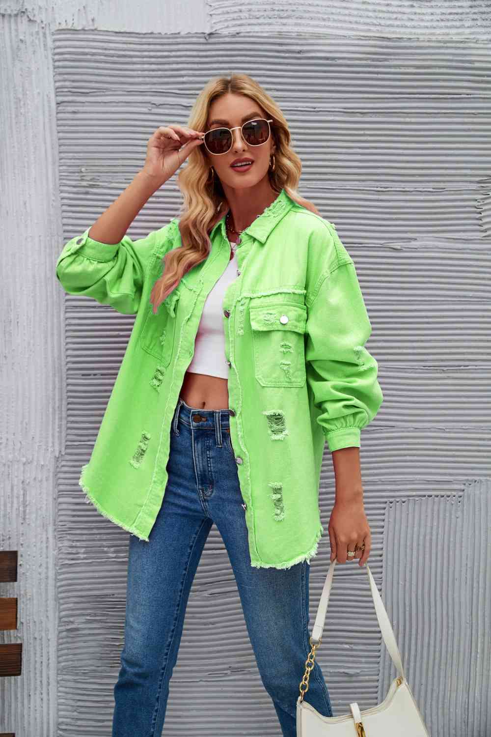 Rohsaum Denimjacke Zerrissen Trendig Frauenjacke