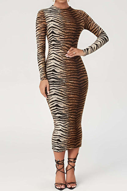 Leopardenkleid Damen Elegant Midikleid Wild Leopardprint