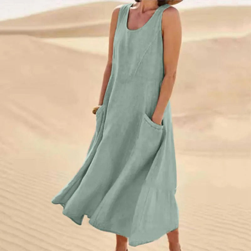 Leinenkleid Damen Ärmellos Sommerkleid mit Taschen