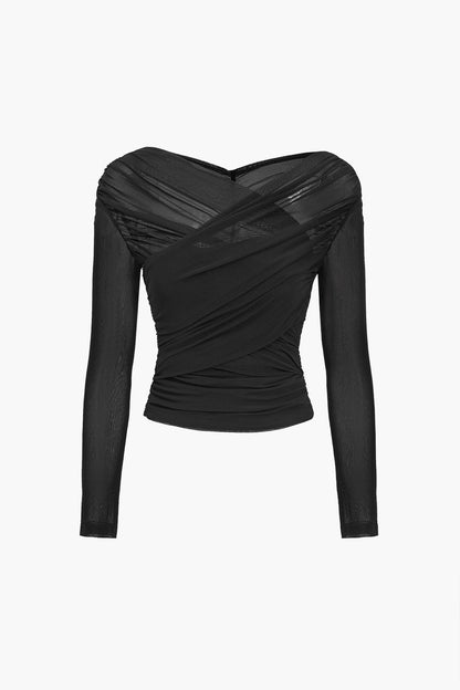 Damen Oberteil Langarm Mesh Top mit Rüschen