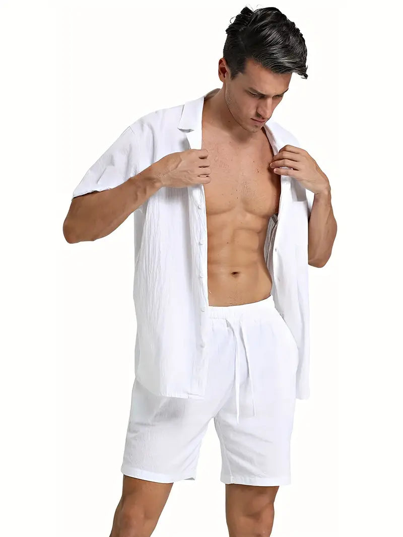 Herren Leinenanzug Atmungsaktiv 2-teilig Hemd Hose