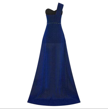 Lydia: Ärmelloses One-Shoulder-Kleid mit Bronzing-Effekt und Beinschlitz