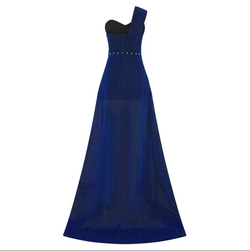 BerlinGlamour asymmetrisches ärmelloses Bronzing-Wickelkleid