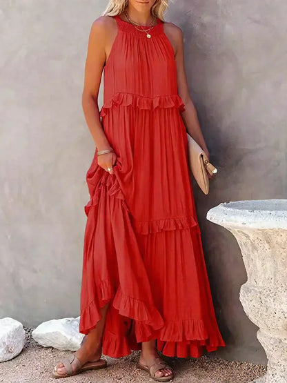 Sommer Maxikleid mit Volants Neckholder Damenkleid