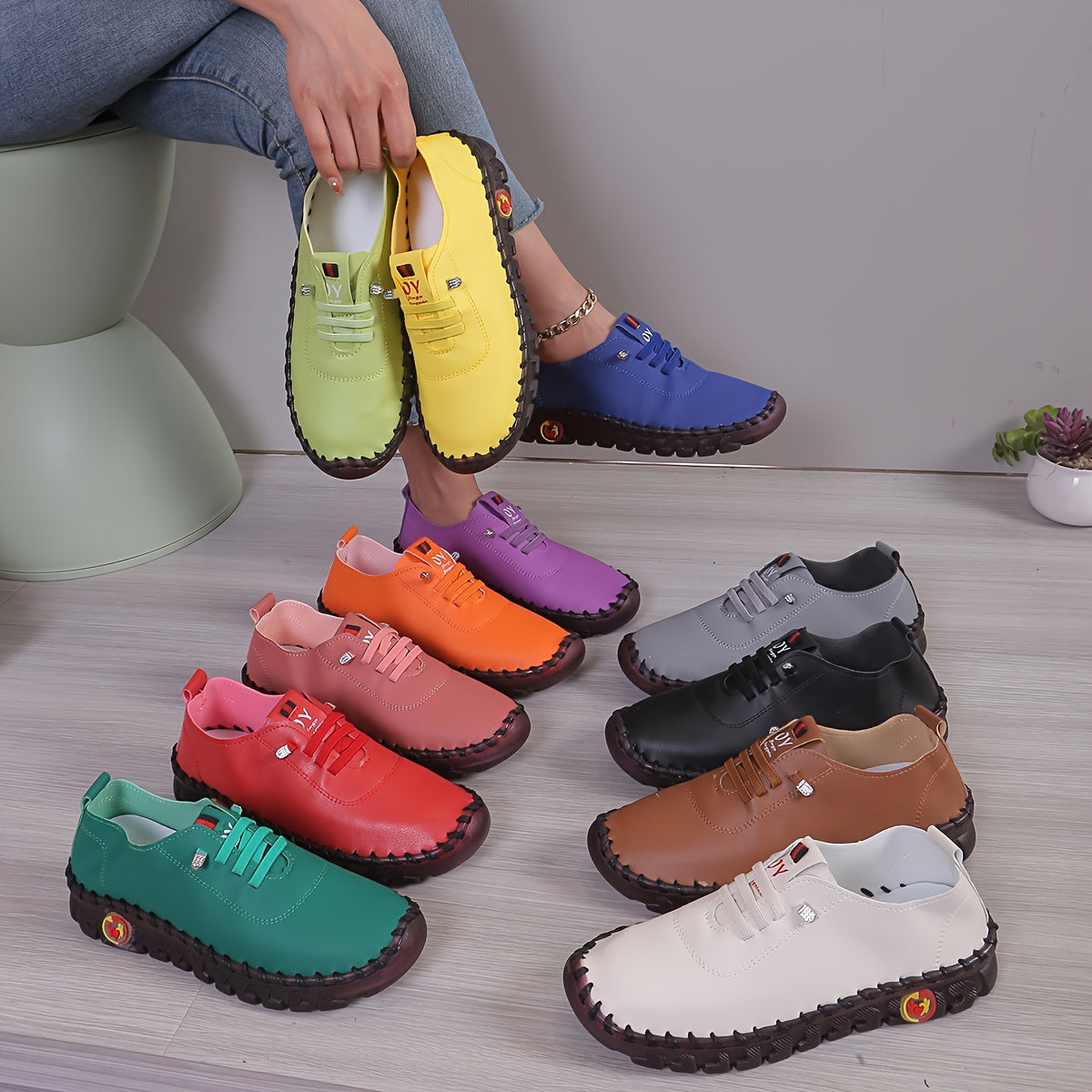 Bequeme Lederschuhe Runde Spitze Elegant Damen