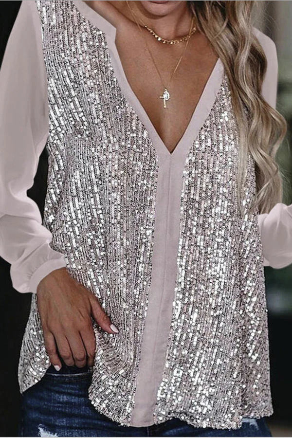 Glamour Bluse mit Pailletten V-Ausschnitt Langärmlig