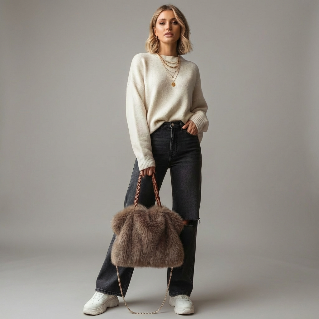 Fluff Handtasche Luxus Geflochtener Henkel Metallic Kette
