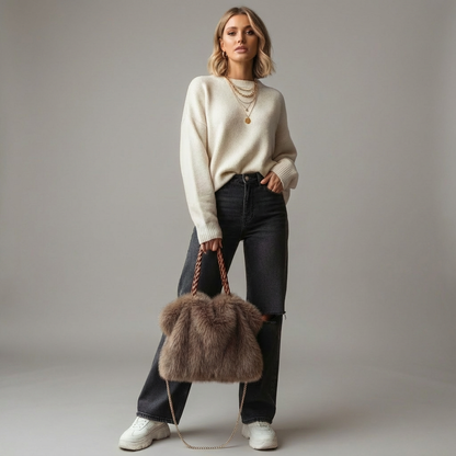 Fluff Handtasche Luxus Geflochtener Henkel Metallic Kette