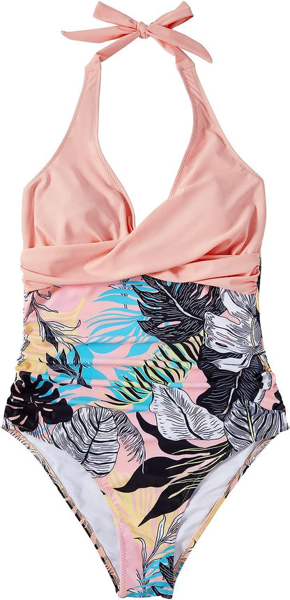 Badeanzug Neckholder V-Ausschnitt Aufdruck Damen