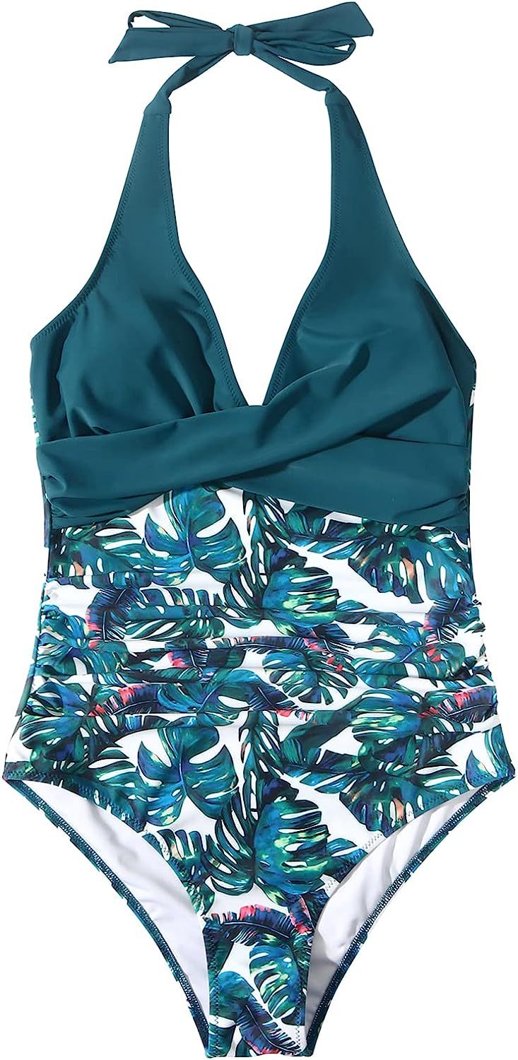 Badeanzug Neckholder V-Ausschnitt Aufdruck Damen